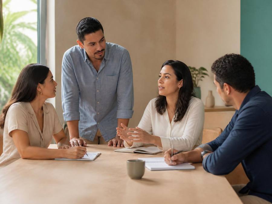 Personas revisando cifras del beneficio en una mesa